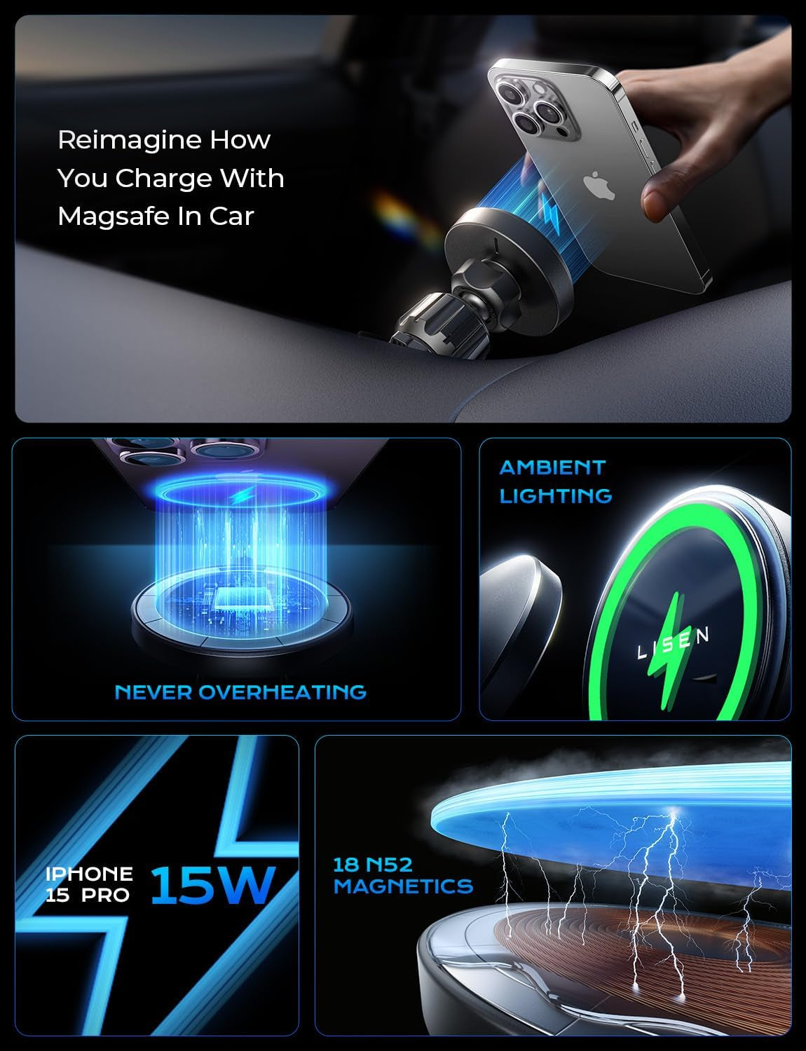 for Qi2 15W Magsafe Car Mount Charger,Super Fast Magnetic Wireless Car Charger for Iphone 16 Pro Max Accessories，Qi2 Magsafe Charger Fits Iphone 16 15 14 13 12,Samsung with Magsafe Case