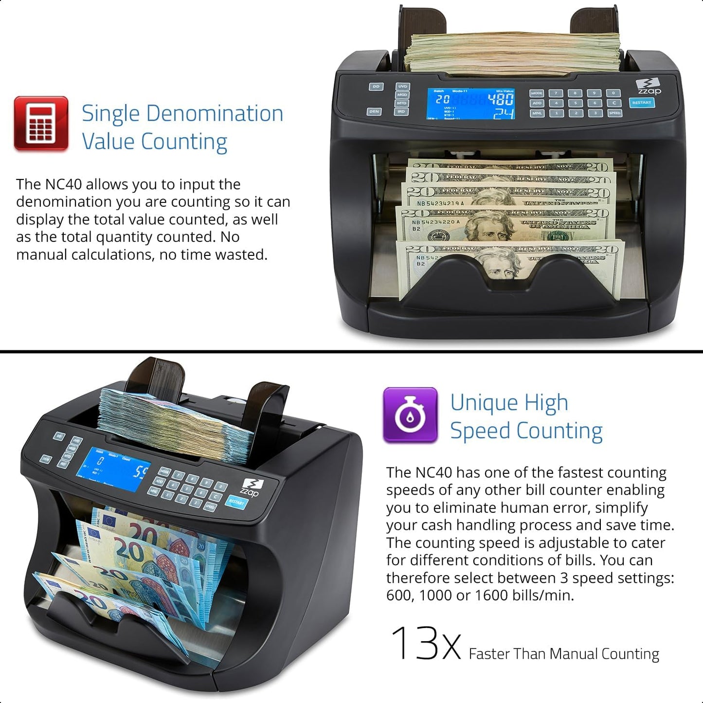 Bill Value Counter & Counterfeit Detector - Money Cash Currency Machine (NC40)