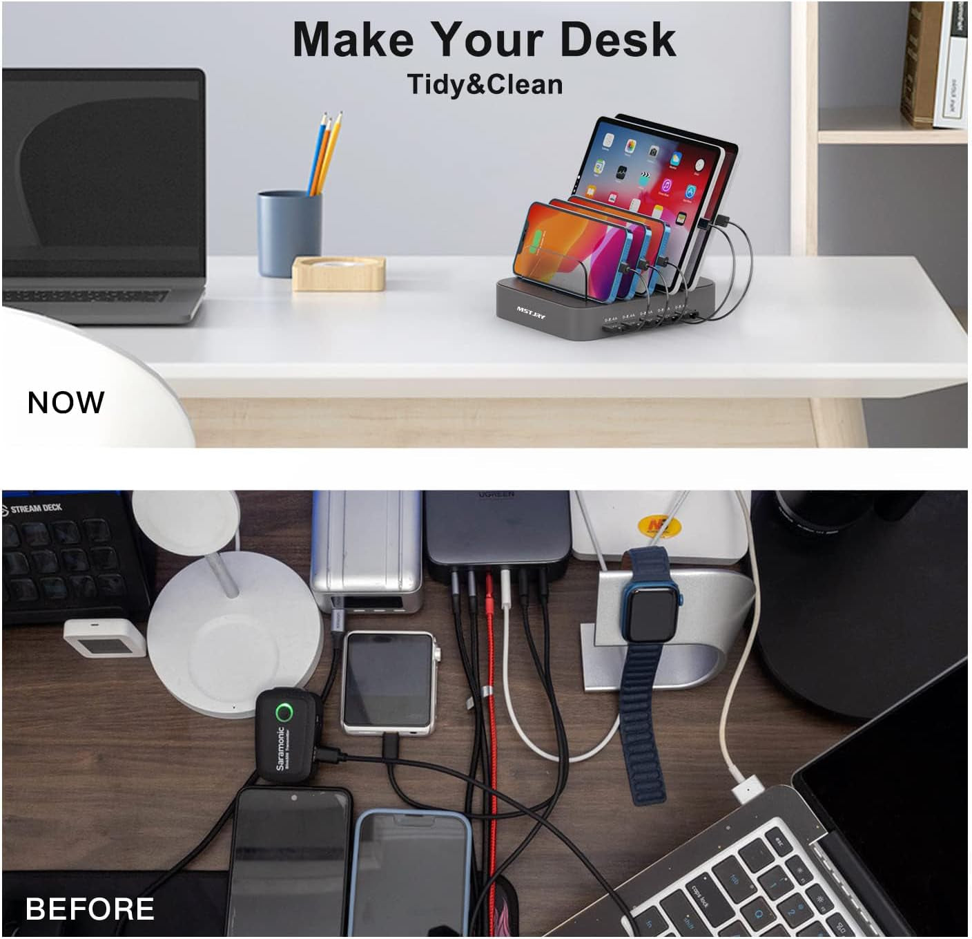 Charging Station for Multiple Devices : 5 Port Multi USB-A Charger Stations Multi-Device Organizer Charging Dock Designed for Iphone Ipad Cell Phone Tablets (7 Short Cables Included), Gray