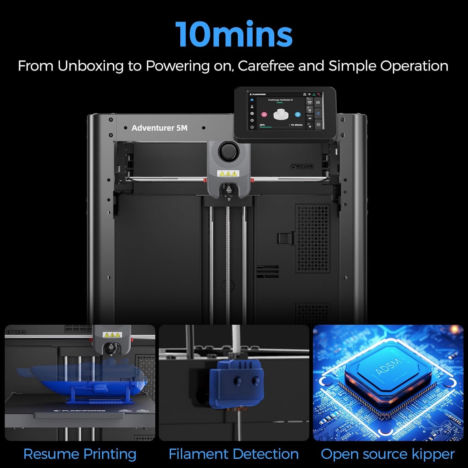 Adventurer 5M 3D Printer, Home Printer with Fully Auto Leveling, 600Mm/S High Speed Printing, 8.7 X 8.7 X 8.7'', Black