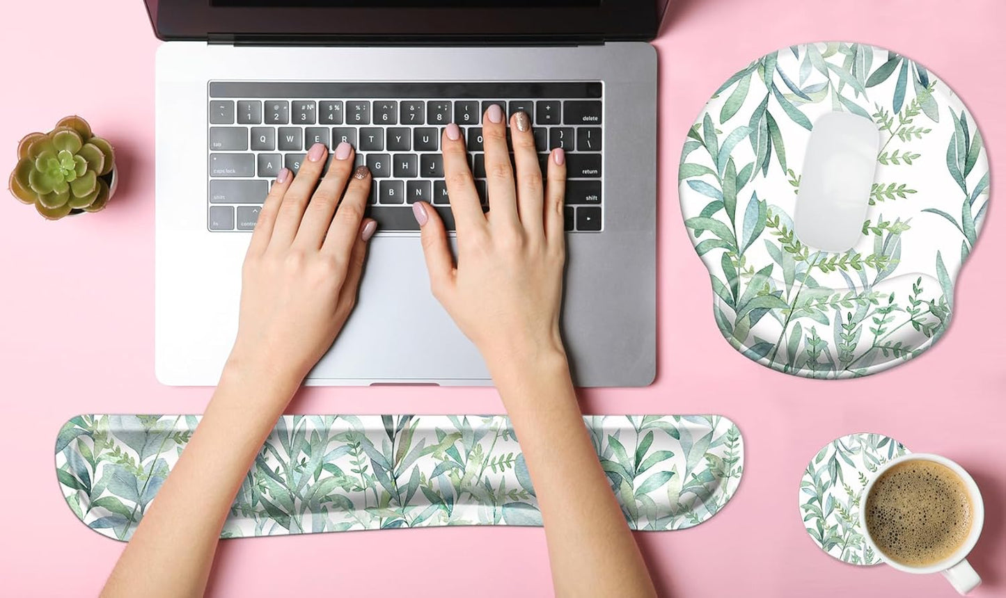 3 in 1 Ergonomic Mouse Pad with Wrist Support and Keyboard Wrist Rest Pad Set with Coaster,  Wrist Pad with Non-Slip Rubber Base & Raised Memory Foam, Easy Typing & Pain Relief, Green Plants