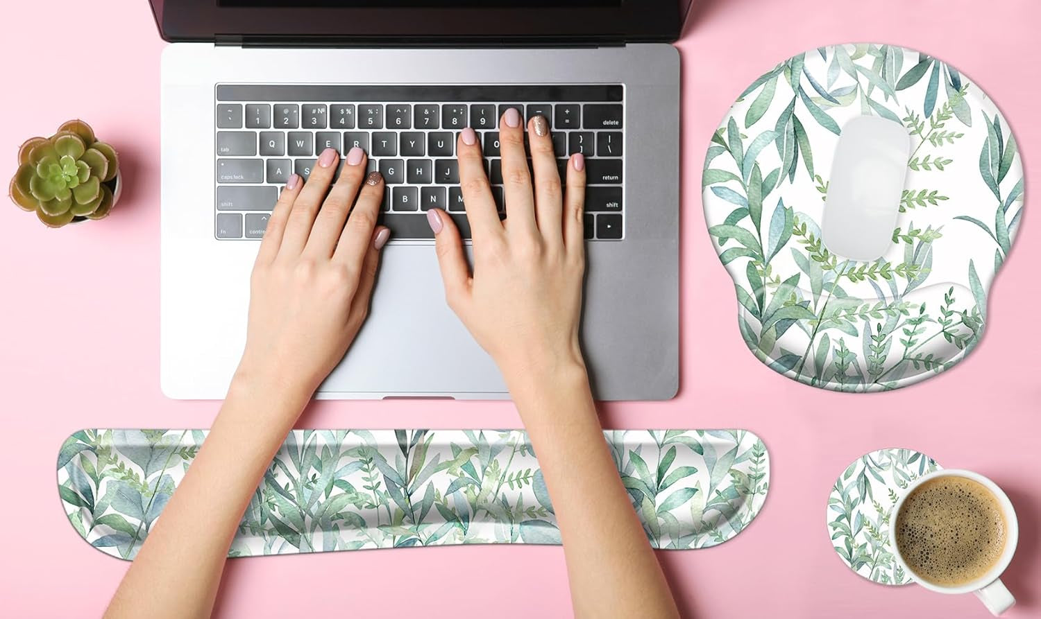 3 in 1 Ergonomic Mouse Pad with Wrist Support and Keyboard Wrist Rest Pad Set with Coaster,  Wrist Pad with Non-Slip Rubber Base & Raised Memory Foam, Easy Typing & Pain Relief, Green Plants