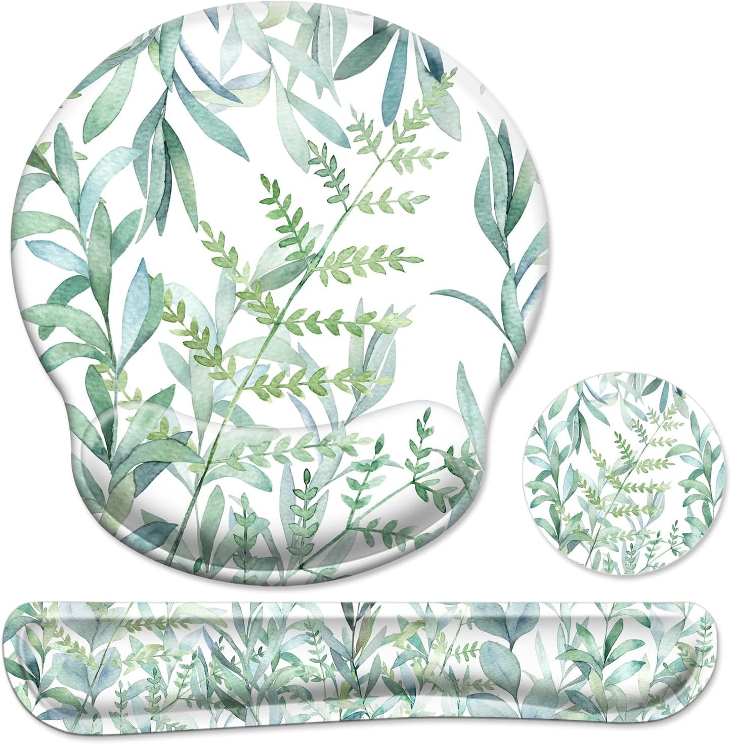 3 in 1 Ergonomic Mouse Pad with Wrist Support and Keyboard Wrist Rest Pad Set with Coaster,  Wrist Pad with Non-Slip Rubber Base & Raised Memory Foam, Easy Typing & Pain Relief, Green Plants