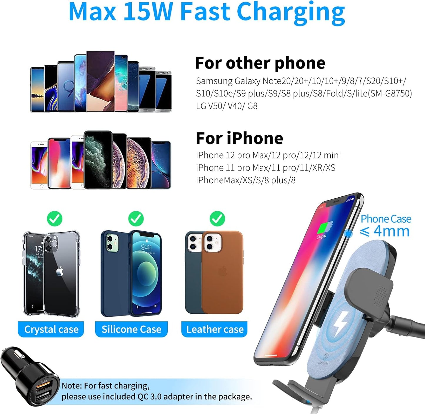 Car Phone Holder Mount Wireless Charging, 15W Wireless Car Charger Mount, Windshield Dash Phone Holder [With QC 3.0 Adapter] Compatible with Iphone 13 12 Mini 11 Pro Max, Samsung, Lg-Iron Gray