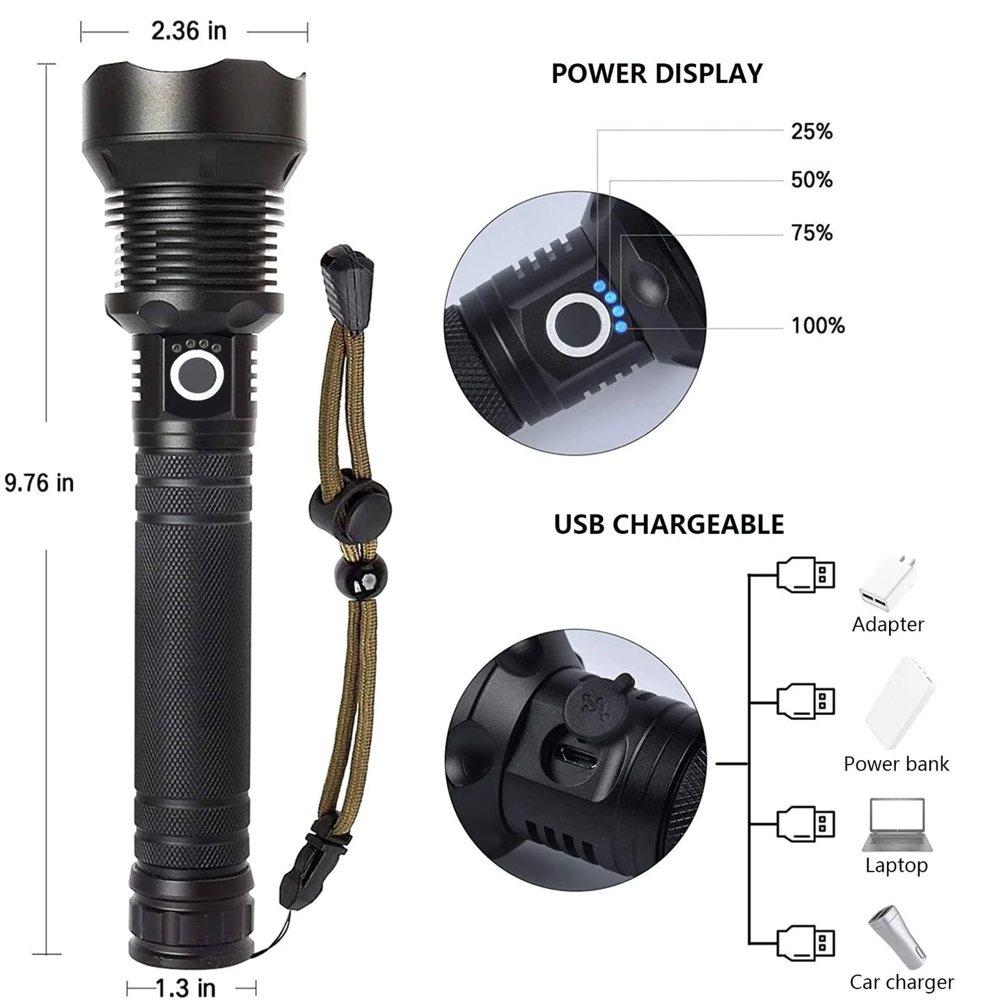 990000 Lumens Powerful Flashlight Rechargeable XHP90 Super Bright Waterproof Led Tactical Flashlight 5 Mode USB Zoom Torch for Camping Emergency